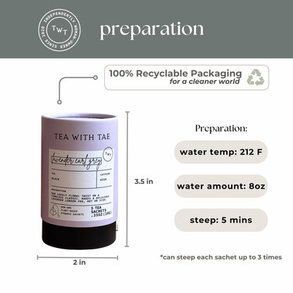 A product information graphic for TEA WITH TAE, showing a cylindrical reusable cup with a lavender label and black base on a white background, with dimensions (3.5 in height, 2 in diameter), preparation instructions, and a note about 100% recyclable packaging.