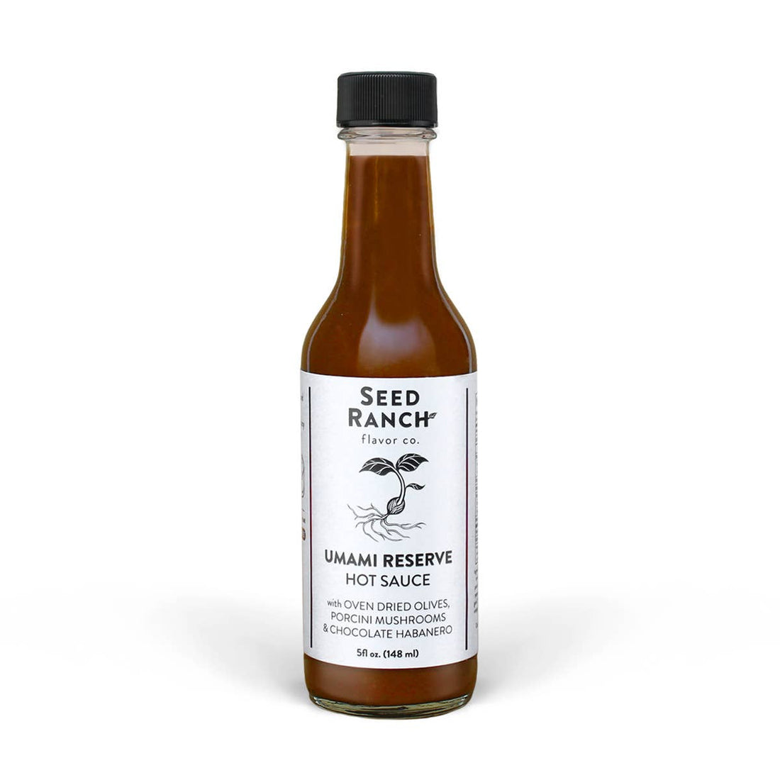 Bottle of Seed Ranch Umami Reserve Hot Sauce on a white background