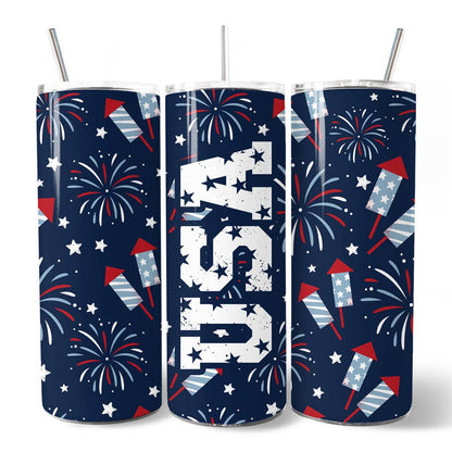 Three tumblers with USA-themed designs featuring fireworks and stars on a blue background.