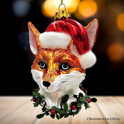 Fox ornament wearing a Santa hat with a blurred background