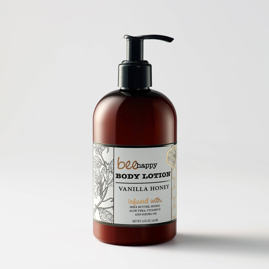 Body lotion bottle with pump labeled &