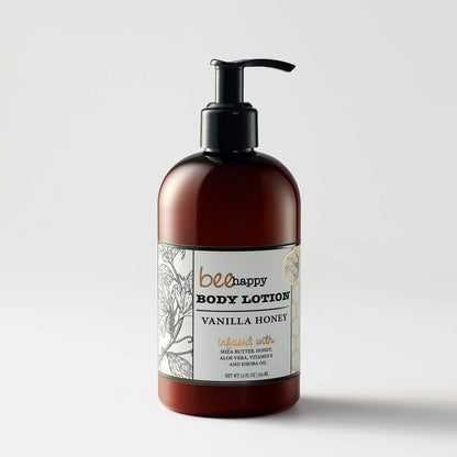 Body lotion bottle with pump labeled &