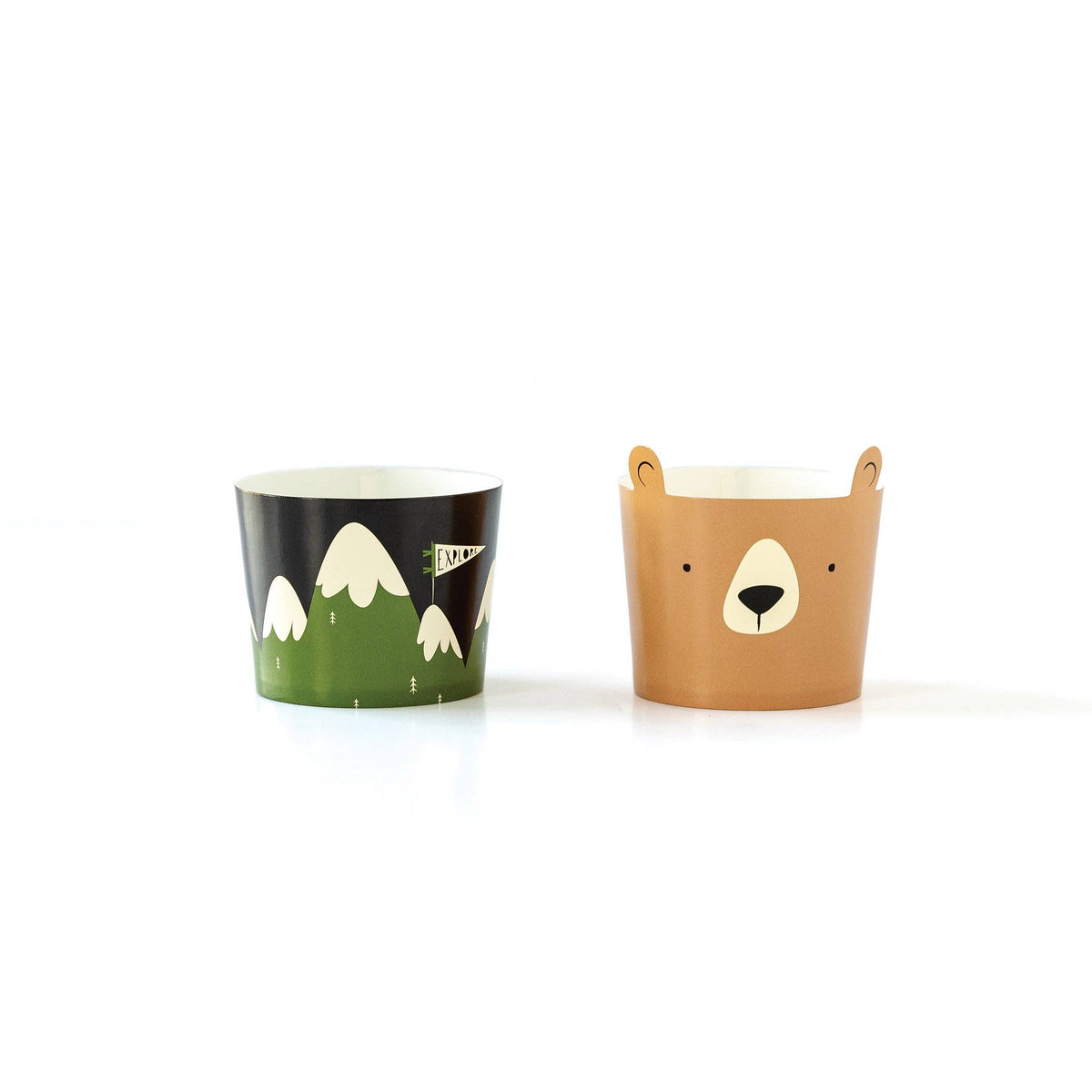 Two small containers, one with mountain design and the other with bear face design, on a white background.