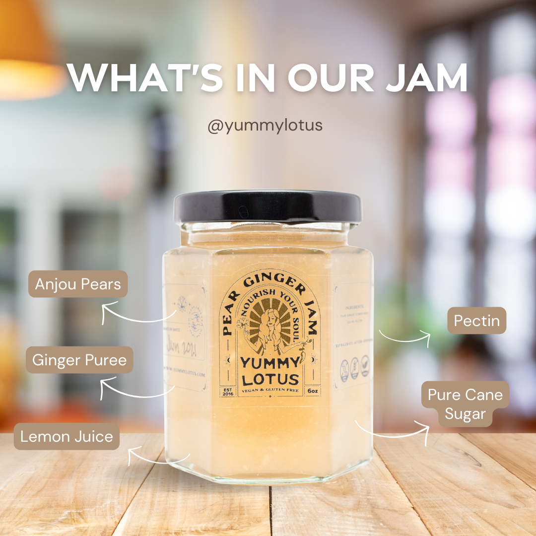 Jar of Yummy Lotus pear ginger jam with labeled ingredients on a wooden surface.