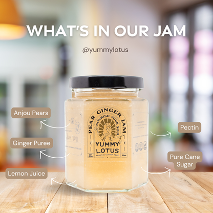 Jar of Yummy Lotus pear ginger jam with labeled ingredients on a wooden surface.