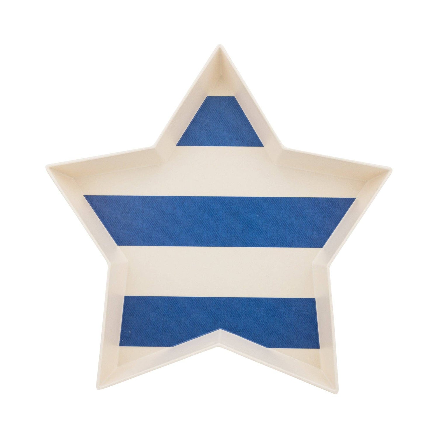 Star-shaped bamboo tray with blue stripes on a white background