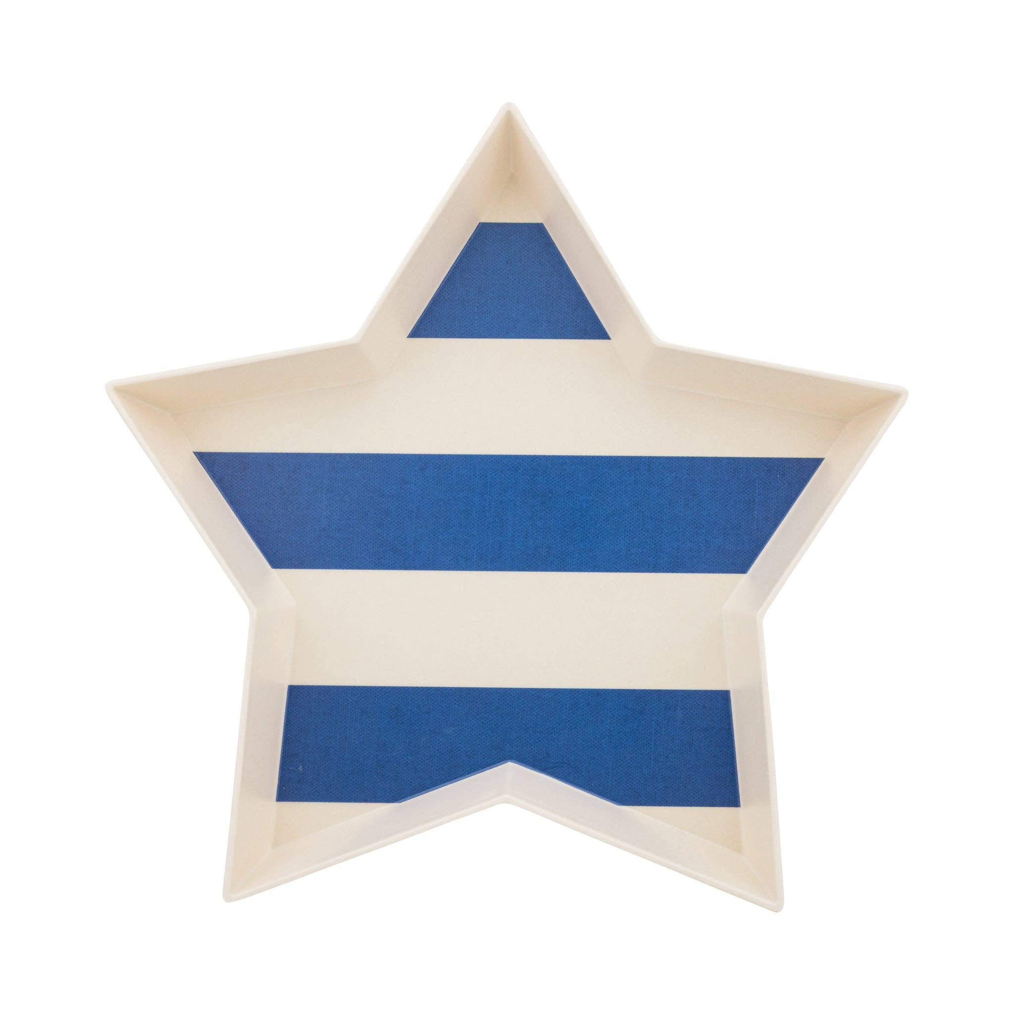 Star-shaped bamboo tray with blue stripes on a white background