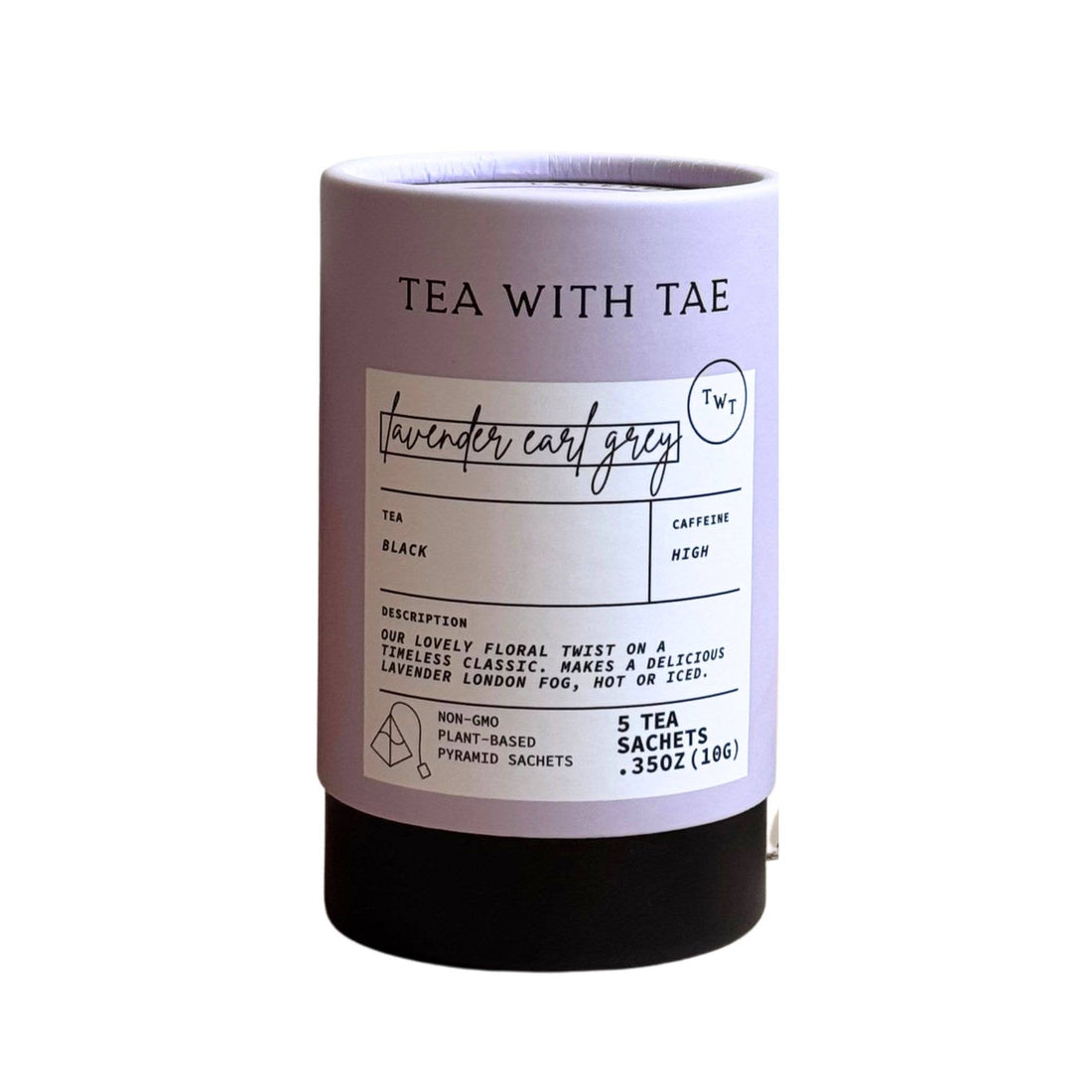 A cylindrical tea sachet container with a lavender-purple upper body, black base, and a white front label reading &