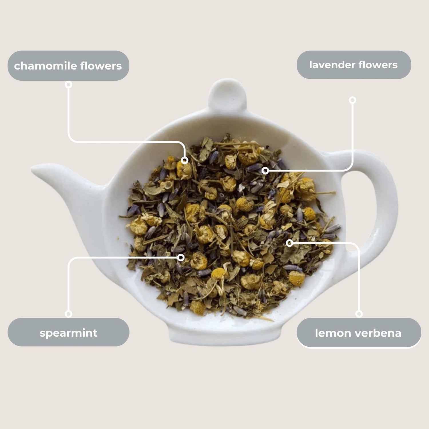 Tea infuser with chamomile, lavender, spearmint, and lemon verbena flowers on a beige background
