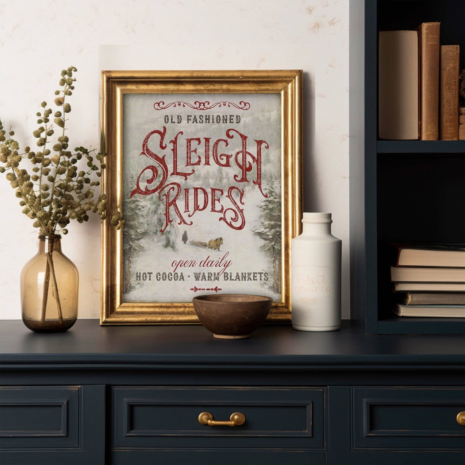 Antique Sleigh Rides Sign Christmas Holiday Art Print