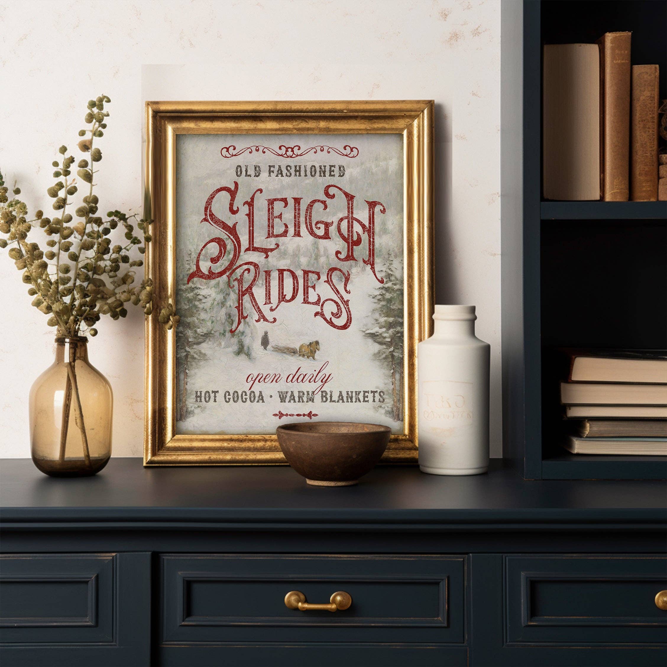 Antique Sleigh Rides Sign Christmas Holiday Art Print