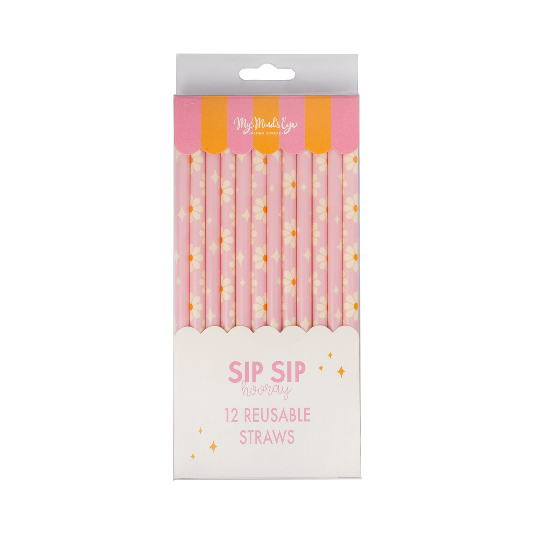 Pack of pink reusable straws with gold stars on a white background