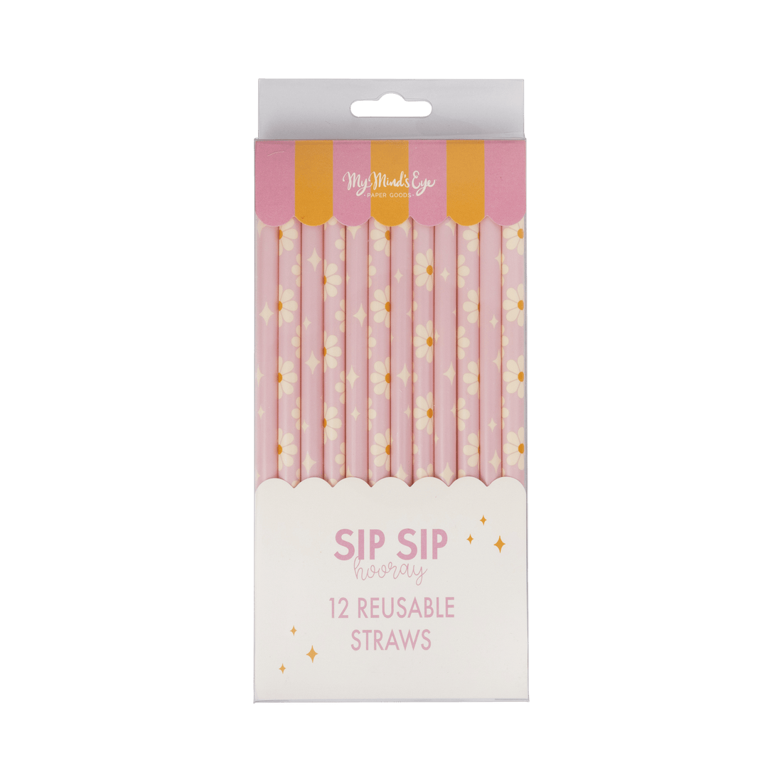 Pack of pink reusable straws with gold stars on a white background
