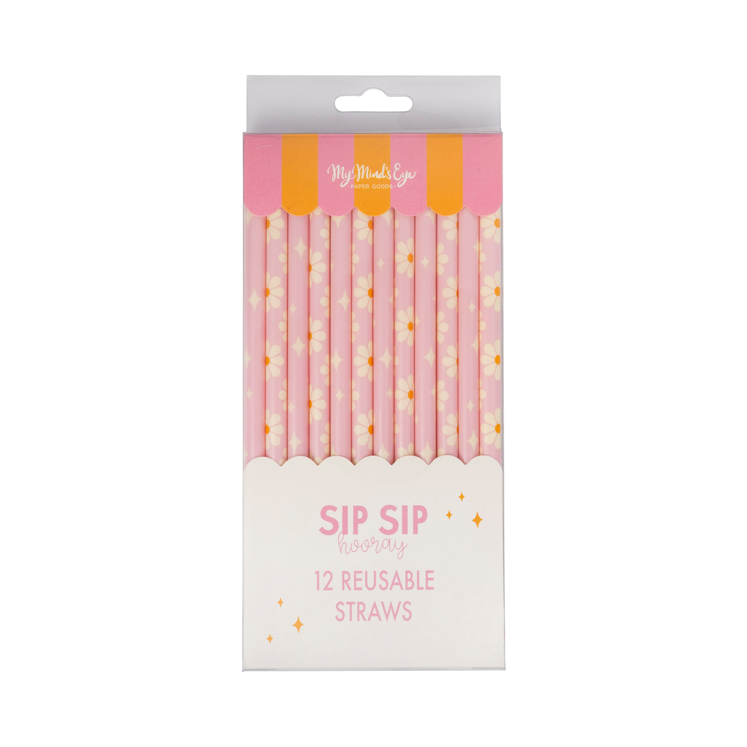 Pack of pink reusable straws with gold stars on a white background