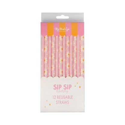Pack of pink reusable straws with gold stars on a white background