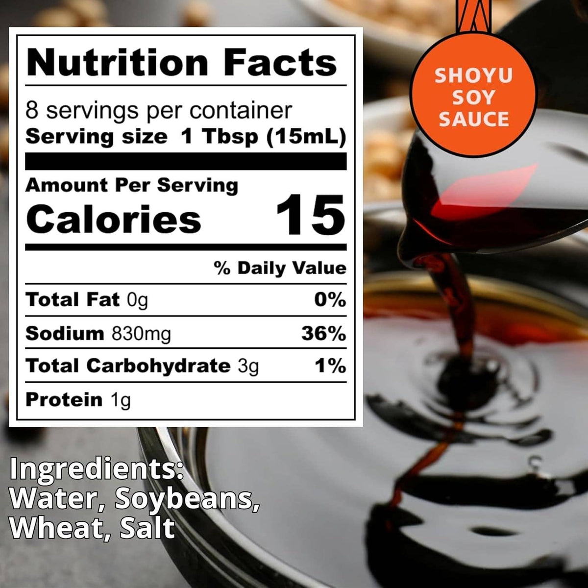 A nutrition facts label for soy sauce is shown over a close-up of dark soy sauce being poured into a bowl, with text listing ingredients as water, soybeans, wheat, and salt. An orange badge reads &
