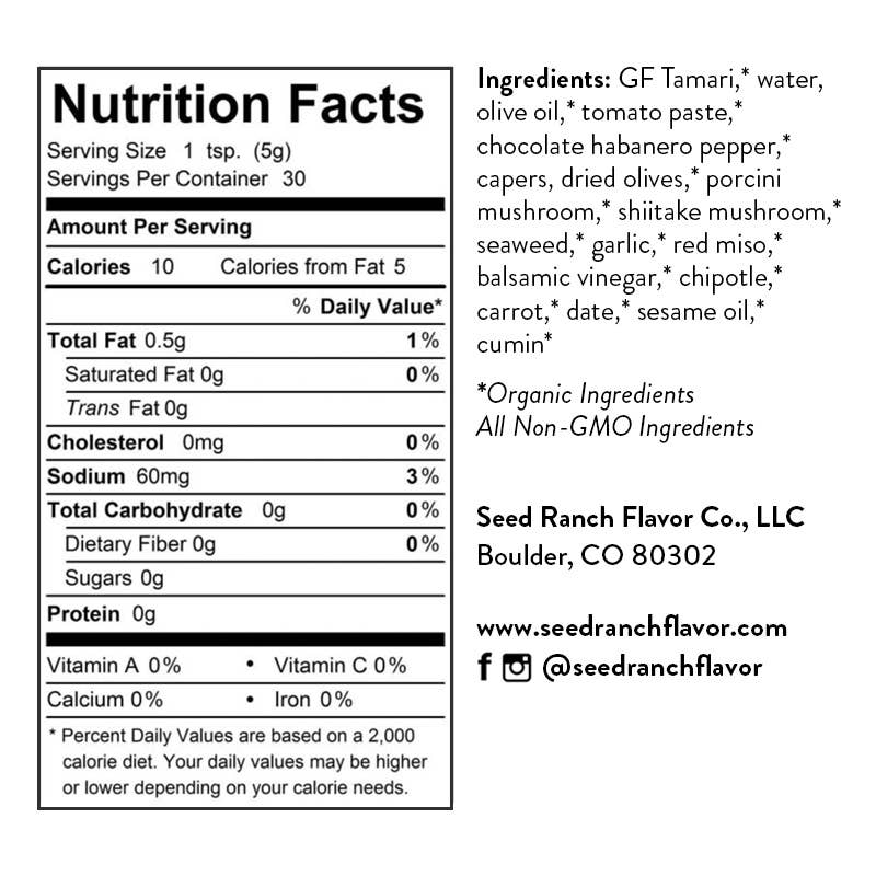 Nutrition facts label and ingredient list for a product from Seed Ranch Flavor Co.