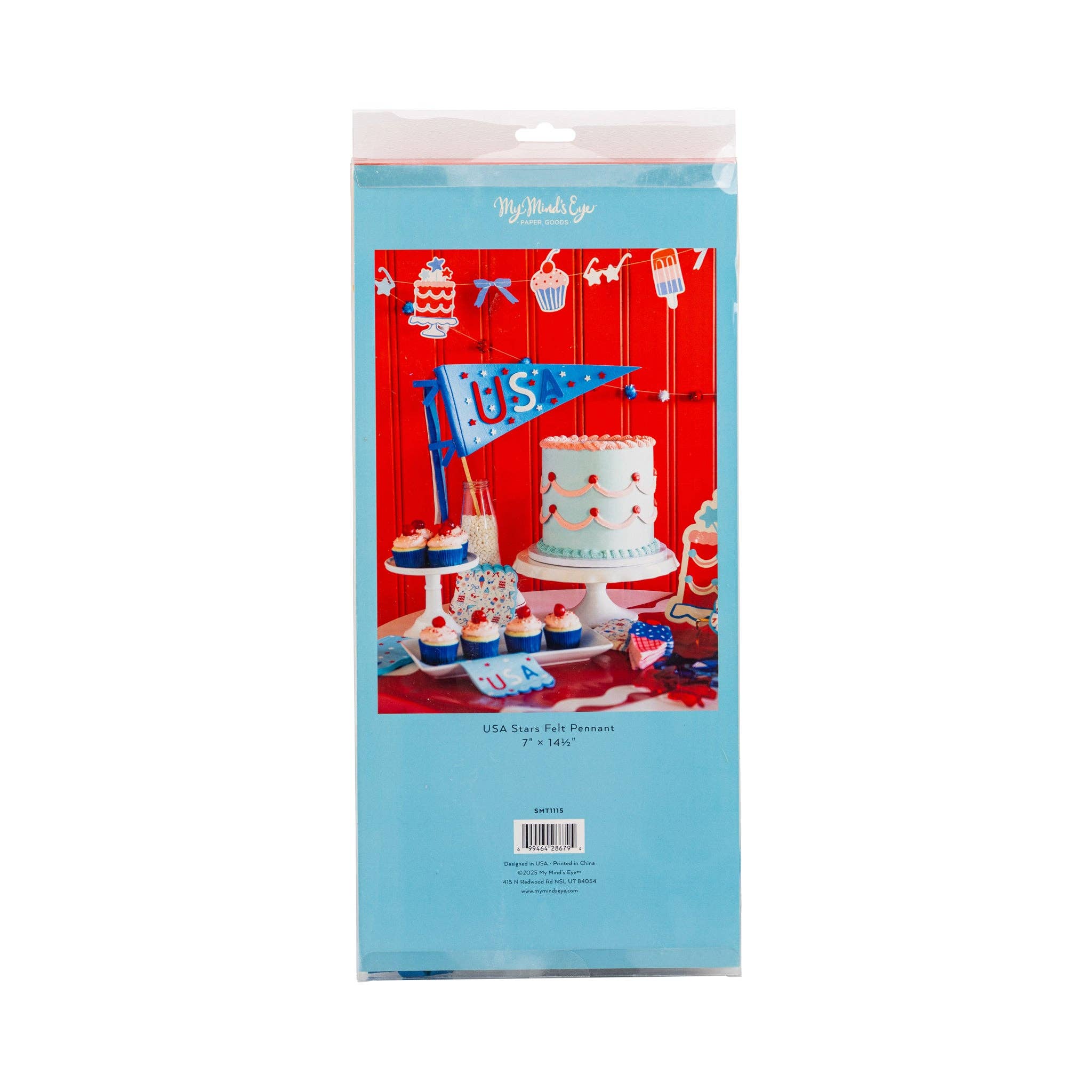 Packaged product with a festive design featuring a cake and decorations on a red background.