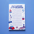 Notepad with camping-themed illustrations and text on a blue background