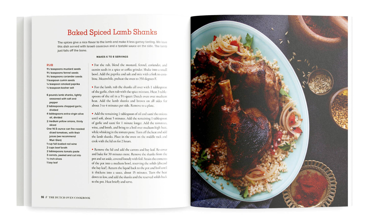 Open cookbook page showing a recipe for Baked Spiced Lamb Shanks with a photo of the dish on a plate.