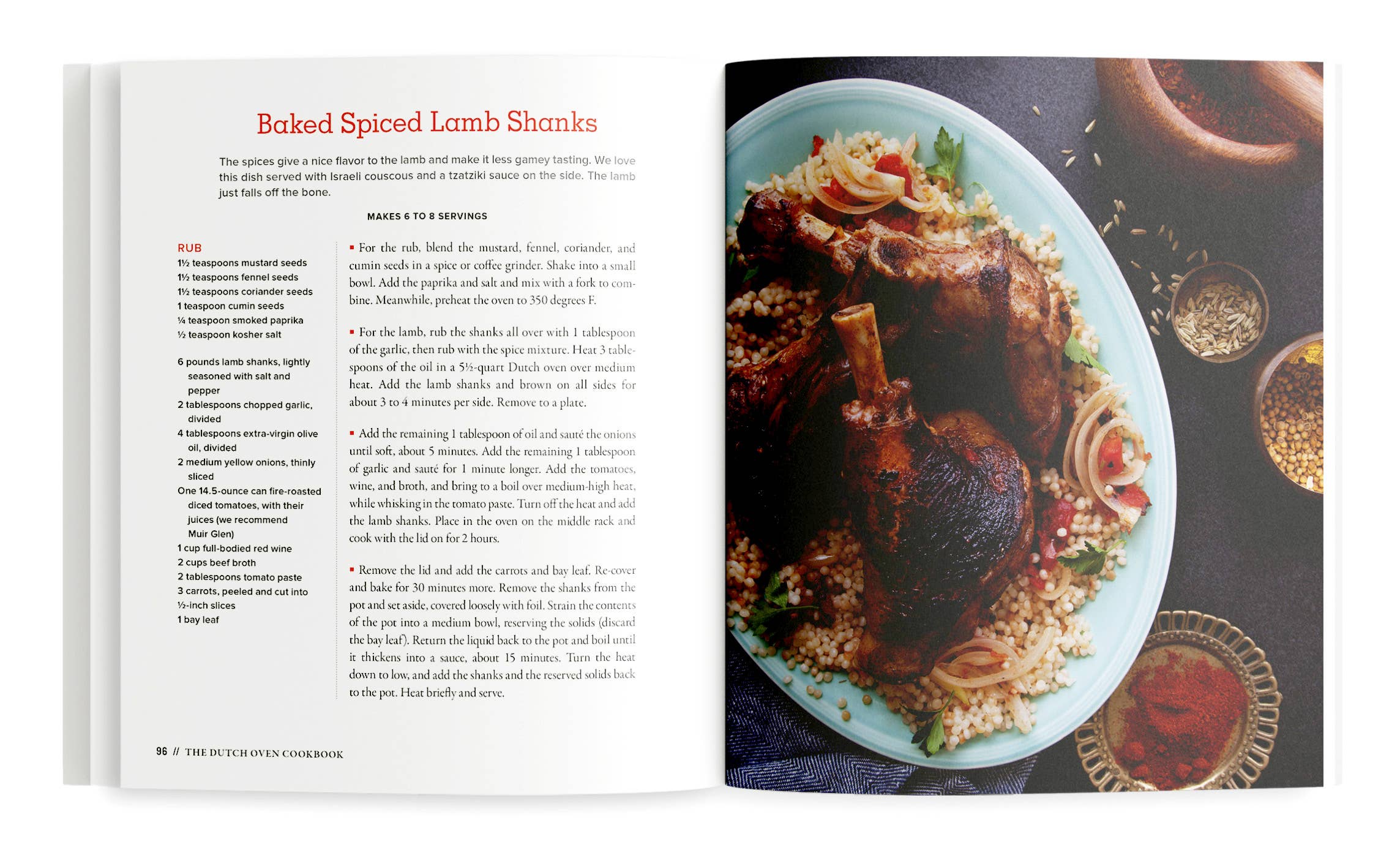 Open cookbook page showing a recipe for Baked Spiced Lamb Shanks with a photo of the dish on a plate.