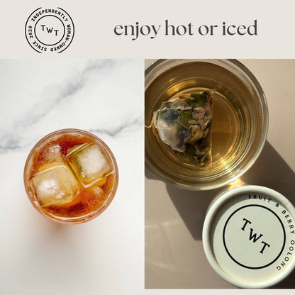 Tea packaging with a glass of iced tea and a teacup, featuring TWT branding.