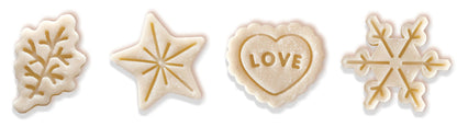 Set of four cookie cutters shaped like a leaf, star, heart with &