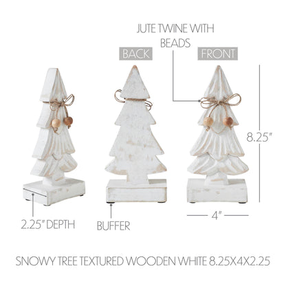 Textured wooden white snowy trees with jute twine and beads, showing measurements and details.