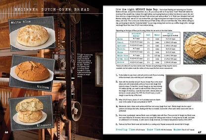 Page from a cookbook featuring recipes for white rice, quinoa, and zingers with images of baked goods.