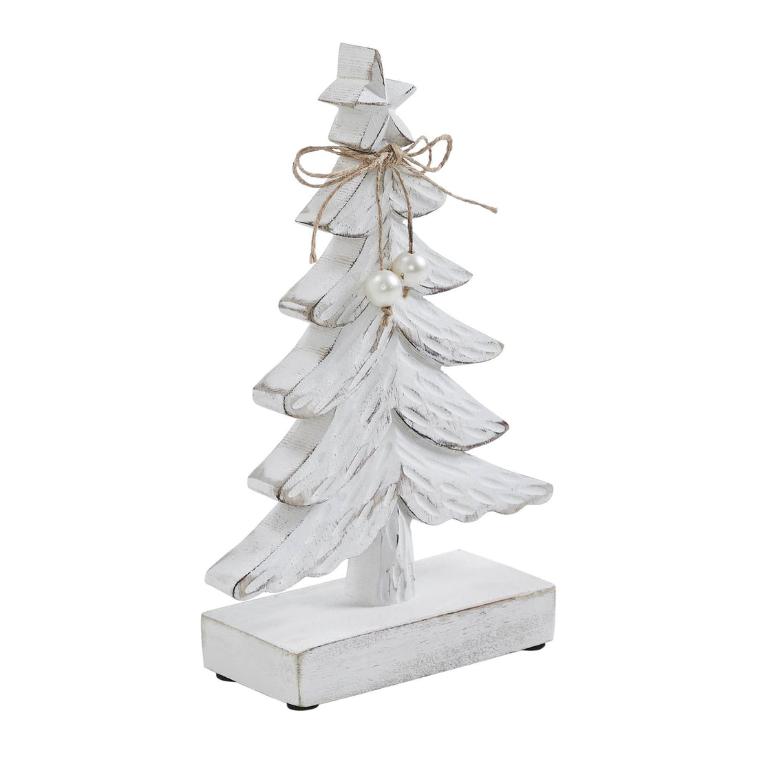 Decorative white Christmas tree with a bow and pearl on a white background
