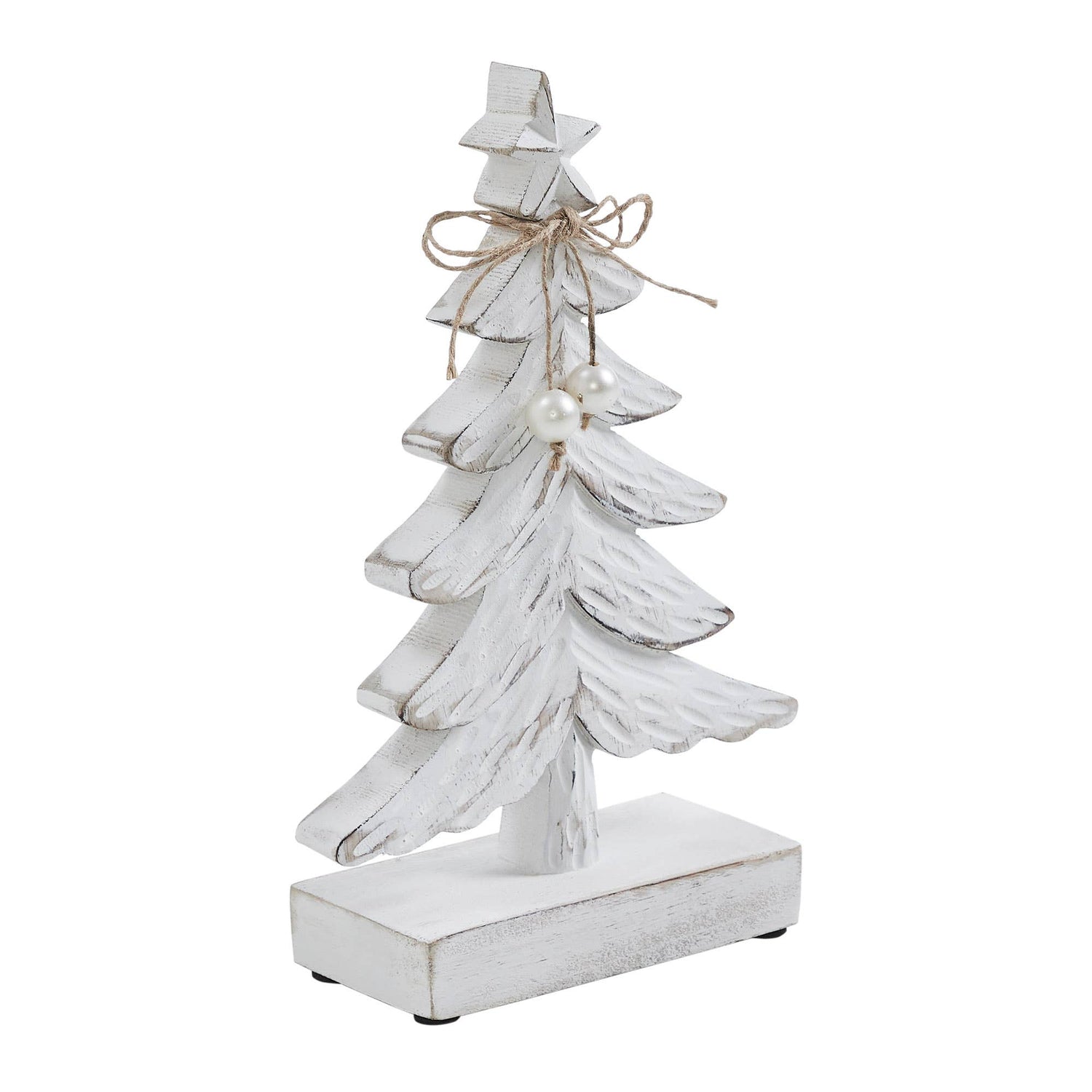 Decorative white Christmas tree with a bow and pearl on a white background
