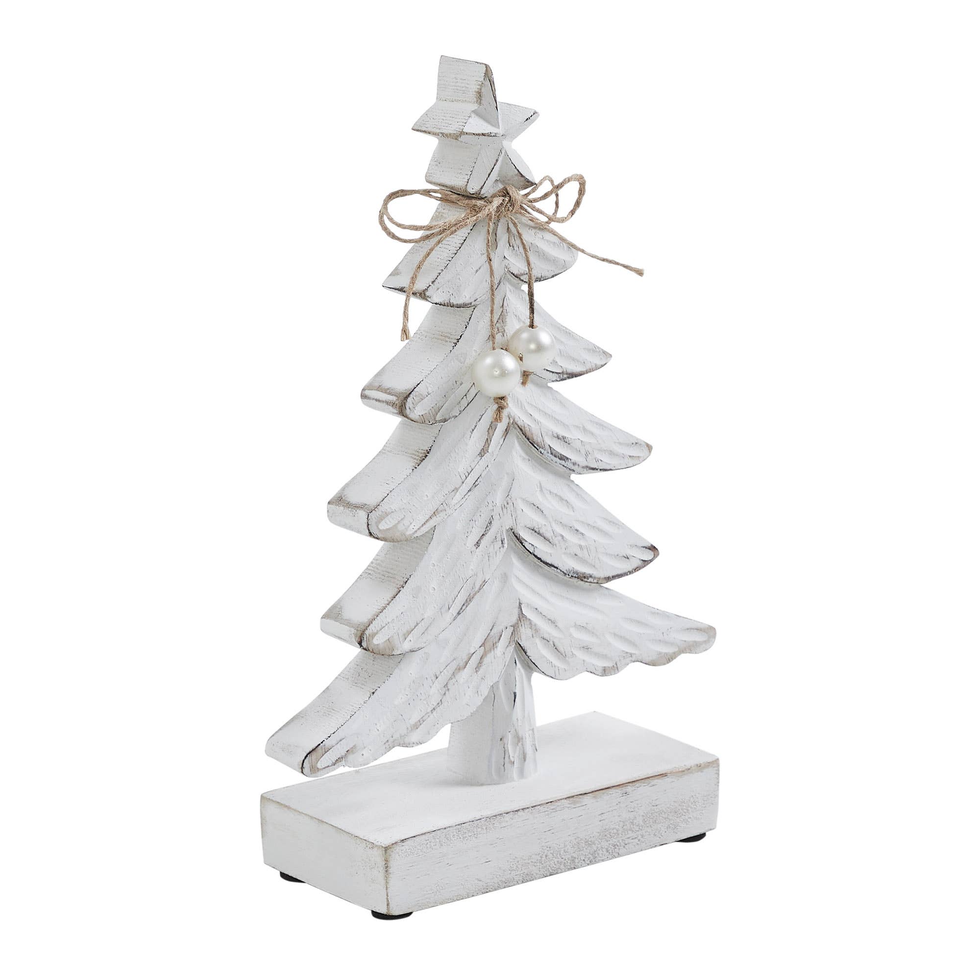 Decorative white Christmas tree with a bow and pearl on a white background
