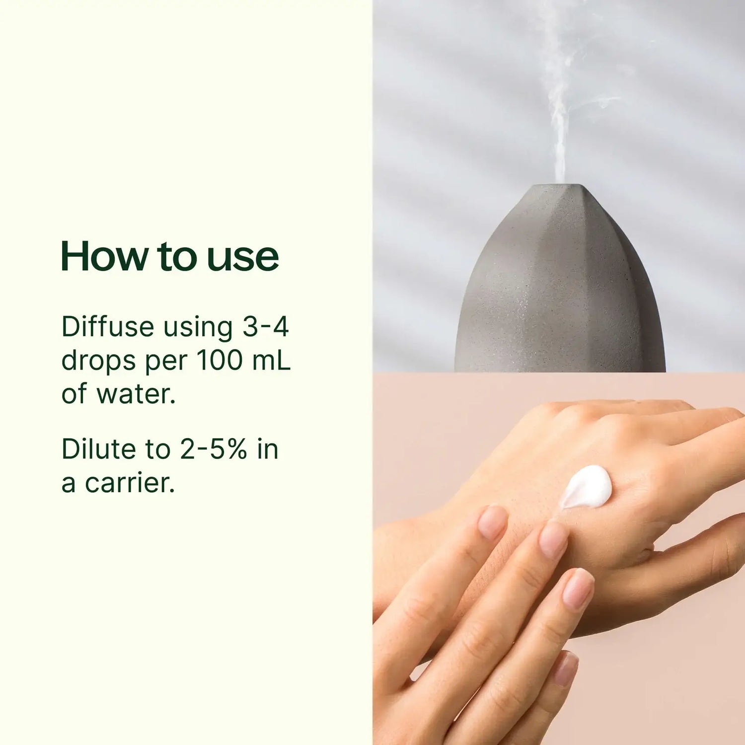 Diffuser with hand applying oil and text on how to use it