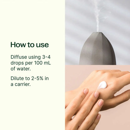 Diffuser with hand applying oil and text on how to use it