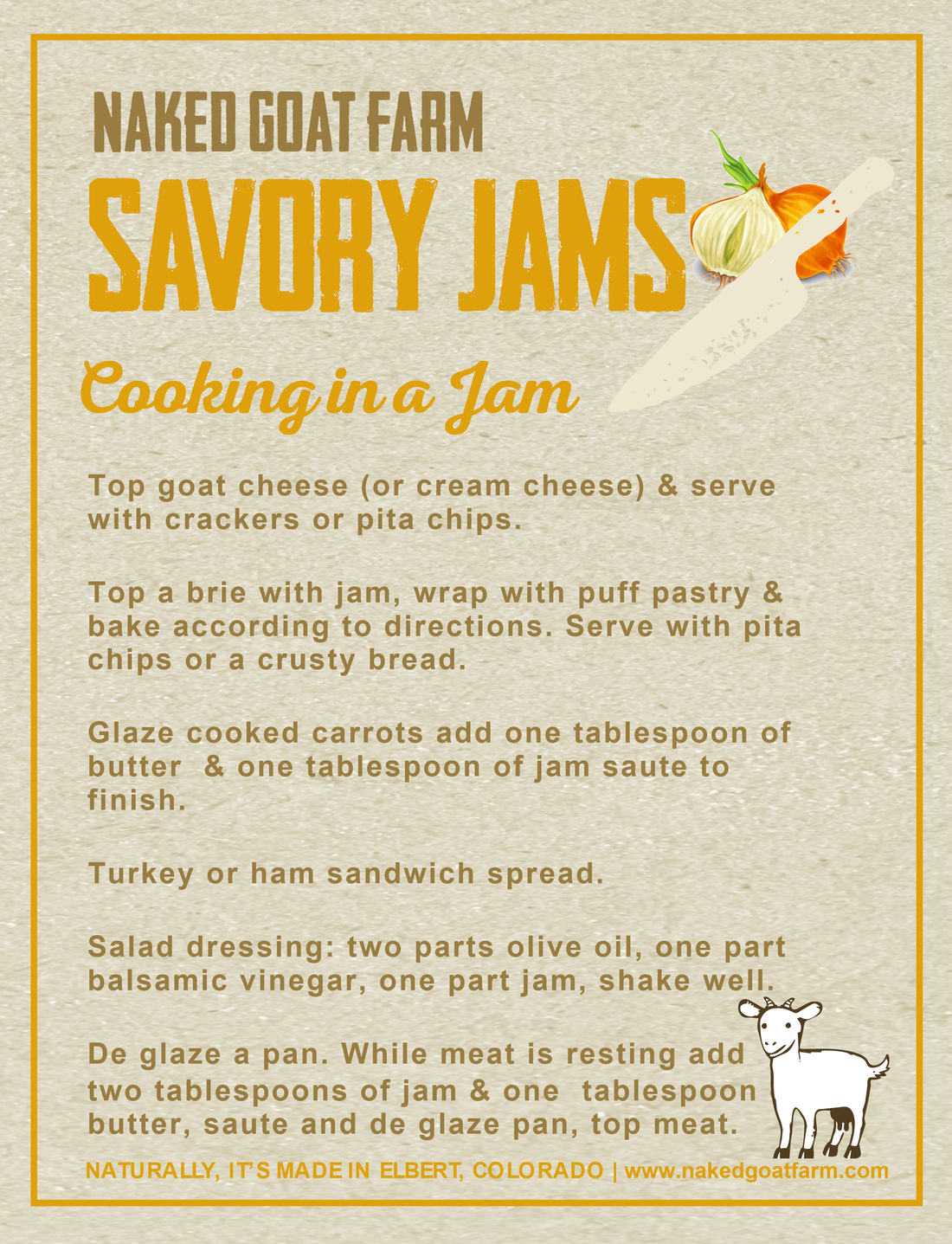 Naked Goat Farm savory jams recipe card with text and illustrations on a beige background