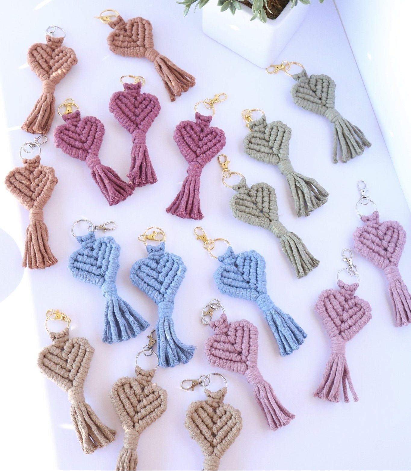 Set of macrame keychains in various colors on a white surface with a plant in the background.