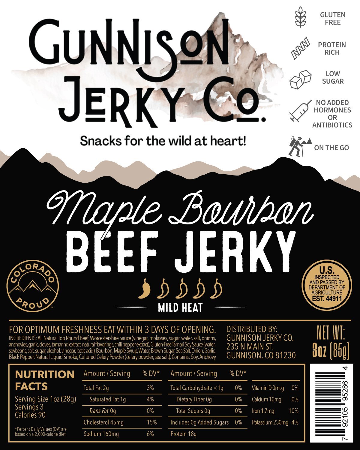 Gunnison Jerky Co Maple Bourbon Beef Jerky Label