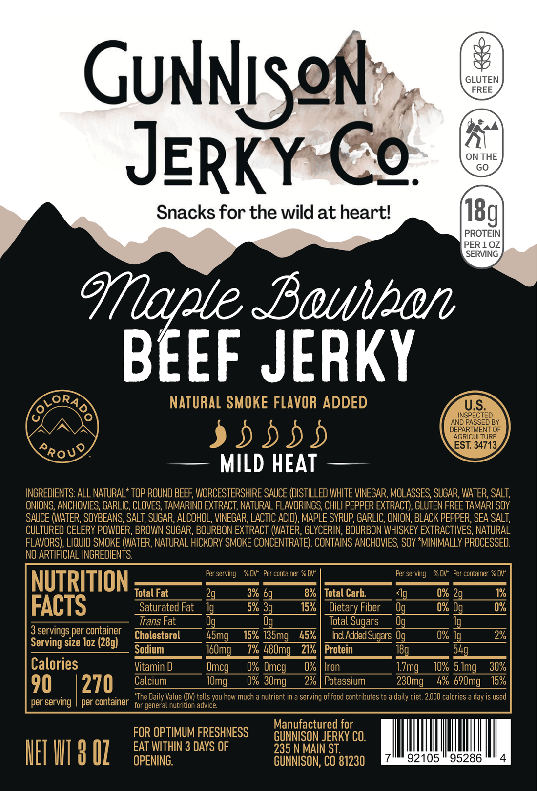 Gunnison Jerky Co. Maple Bourbon Beef Jerky packaging with nutritional information and branding details.