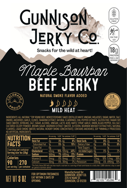 Gunnison Jerky Co. Maple Bourbon Beef Jerky packaging with nutritional information and branding details.