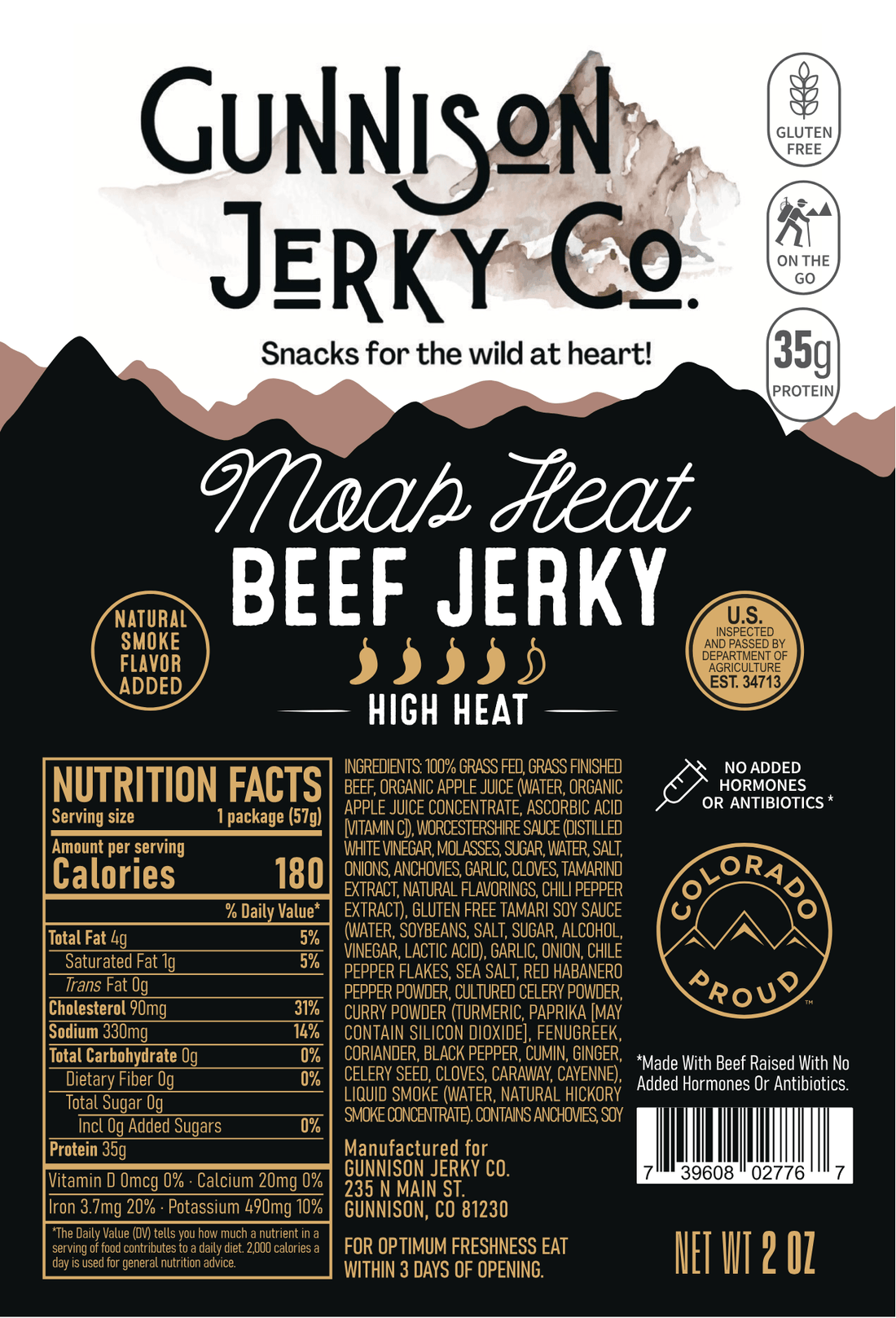 Gunnison Jerky Co. Moab Heat Beef Jerky packaging with nutritional information and branding details.