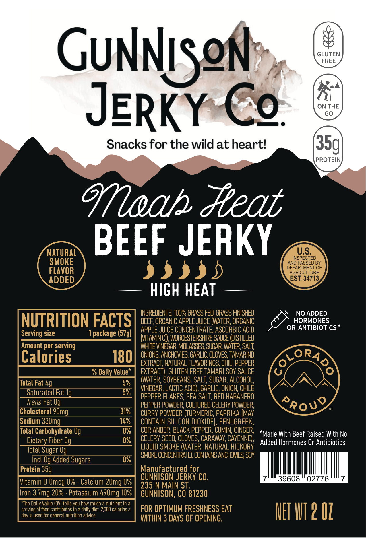 Gunnison Jerky Co. Moab Heat Beef Jerky packaging with nutritional information and branding details.