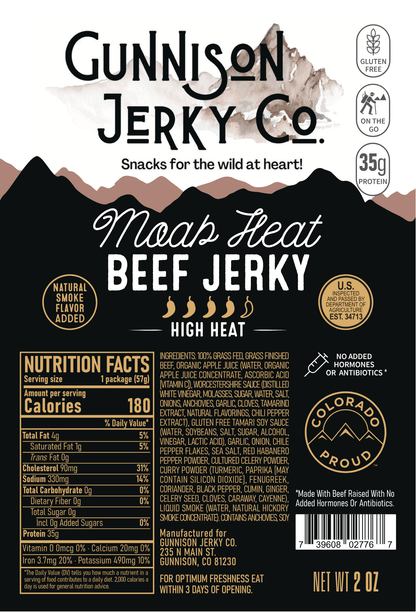 Gunnison Jerky Co. Moab Heat Beef Jerky packaging with nutritional information and branding details.