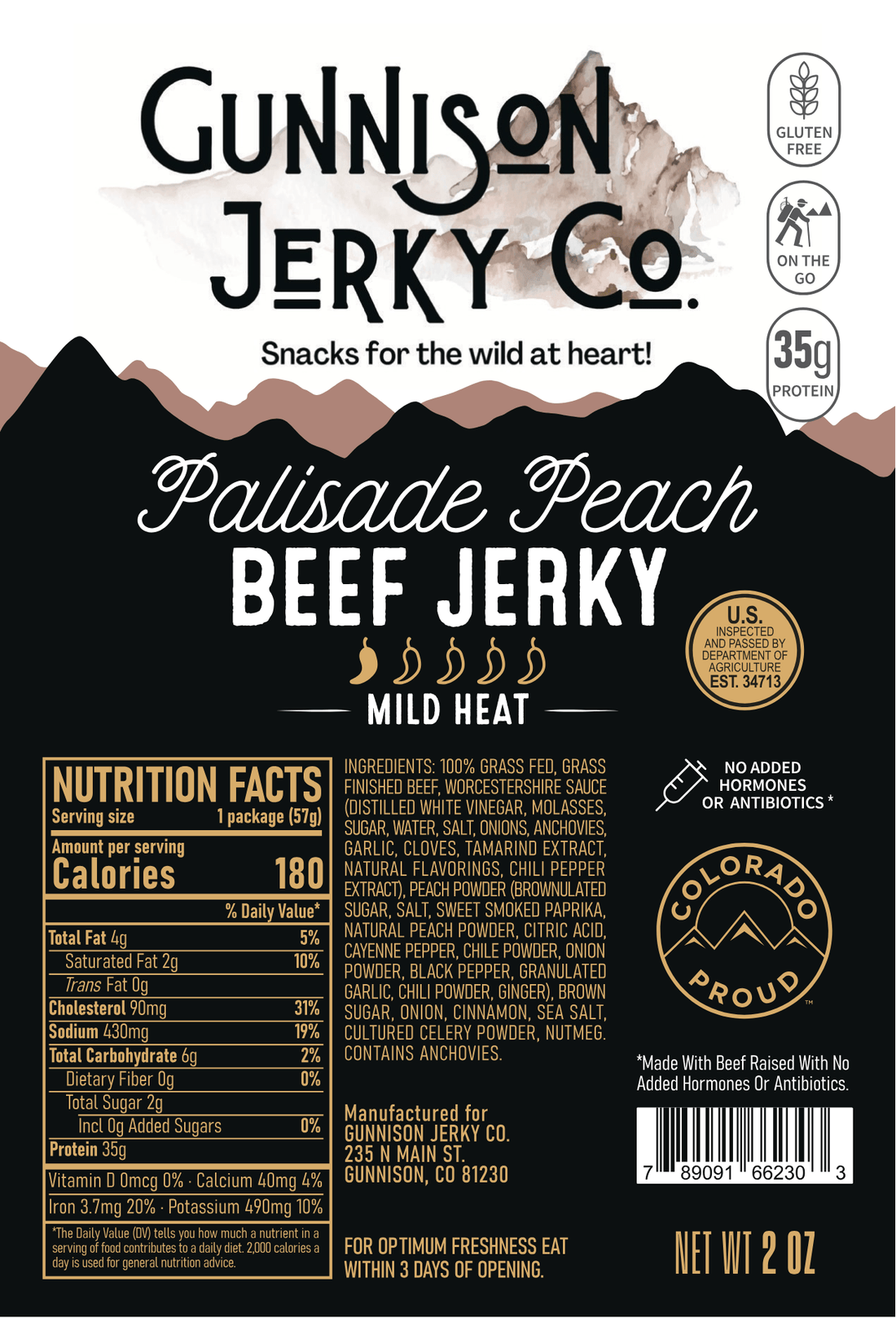 Gunnison Jerky Co. Palisade Peach Beef Jerky packaging with nutritional information and branding details.
