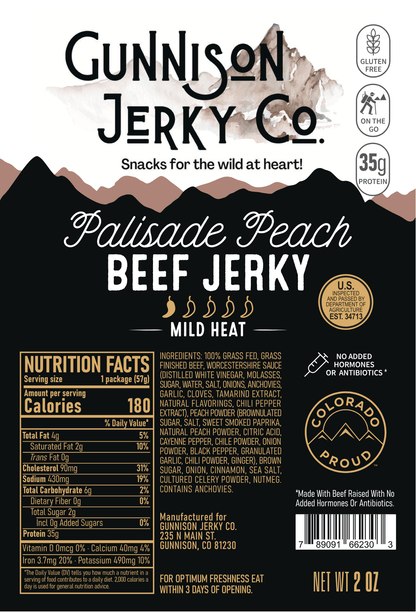 Gunnison Jerky Co. Palisade Peach Beef Jerky packaging with nutritional information and branding details.