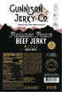 Gunnison Jerky Co. Palisade Peach Beef Jerky packaging with nutritional information and branding details.