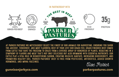 Parker Pastures branding and product information on a white background