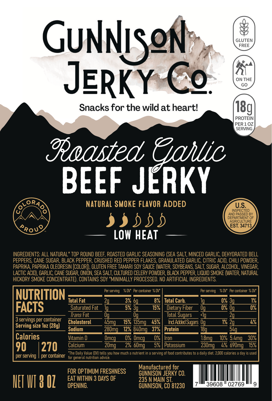 Gunnison Jerky Co. Roasted Garlic Beef Jerky packaging with nutritional information and branding details.