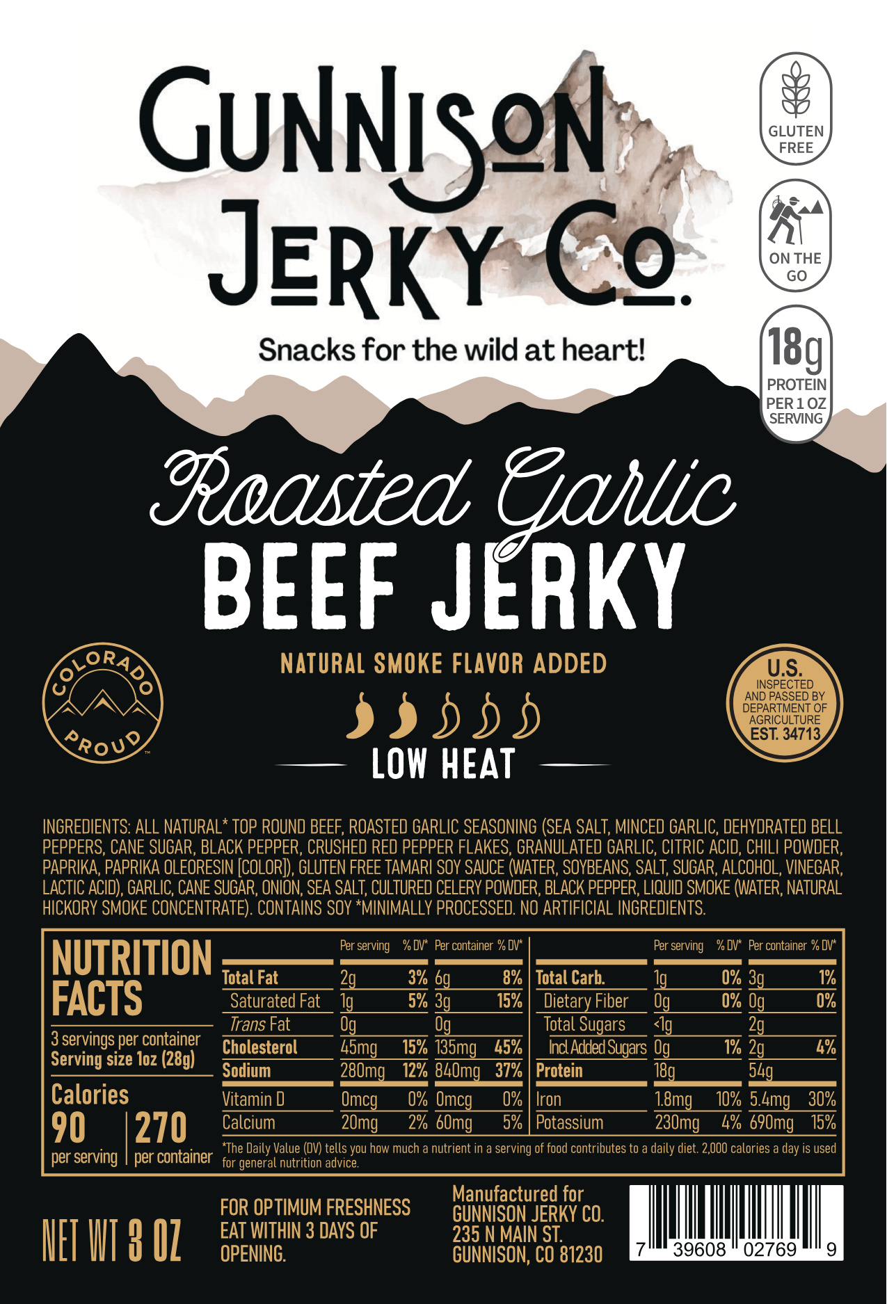 Gunnison Jerky Co. Roasted Garlic Beef Jerky packaging with nutritional information and branding details.