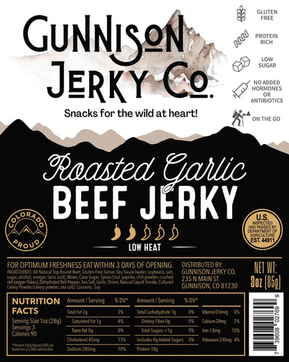 Gunnison Jerky Co Roasted Garlic Beef Jerky Label