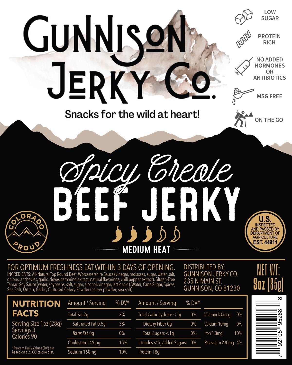 Gunnison Jerky Co Spicy Creole Beef Jerky Label